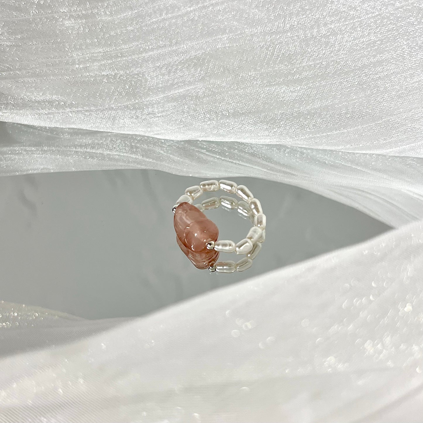 Moonlight Charm Pixiu Ring: Moonstone Beads & Hand-Carved Strawberry Quartz Pixiu