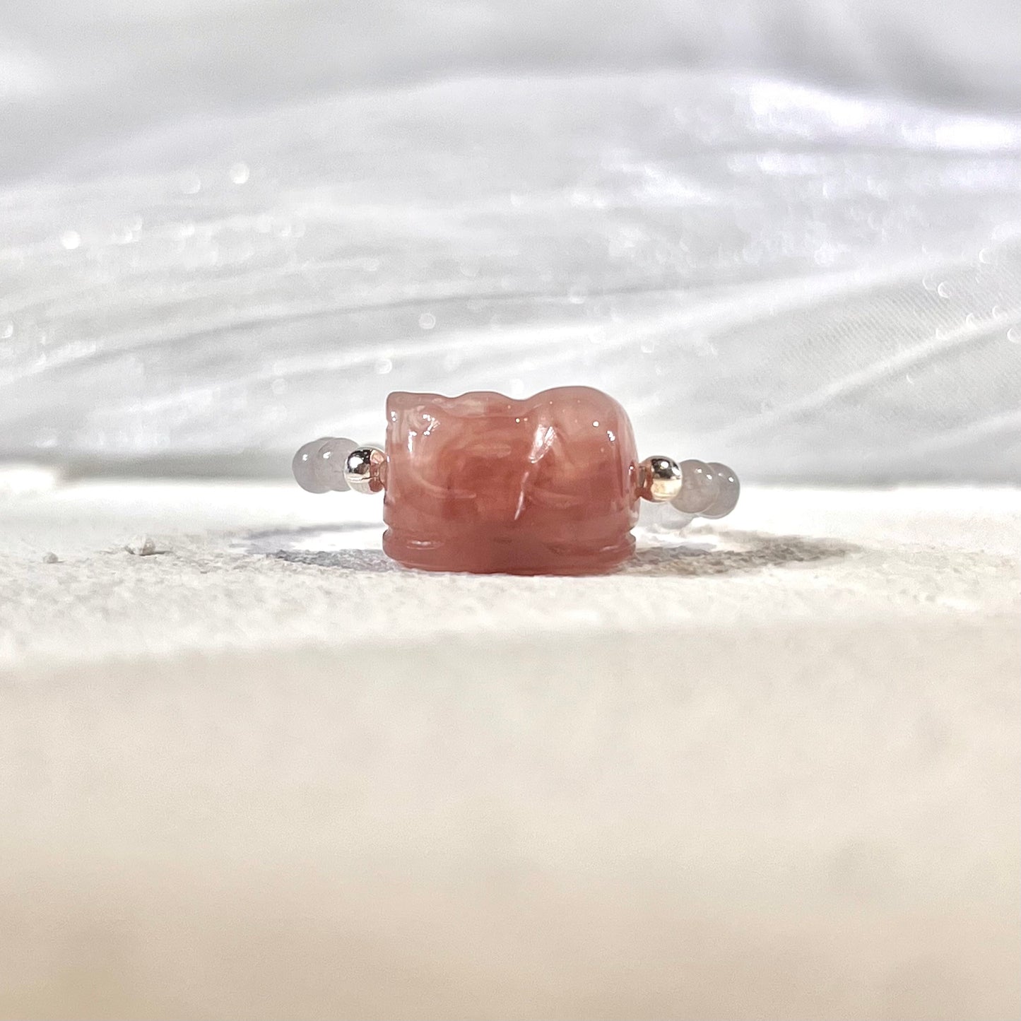 Moonlight Charm Pixiu Ring: Moonstone Beads & Hand-Carved Strawberry Quartz Pixiu